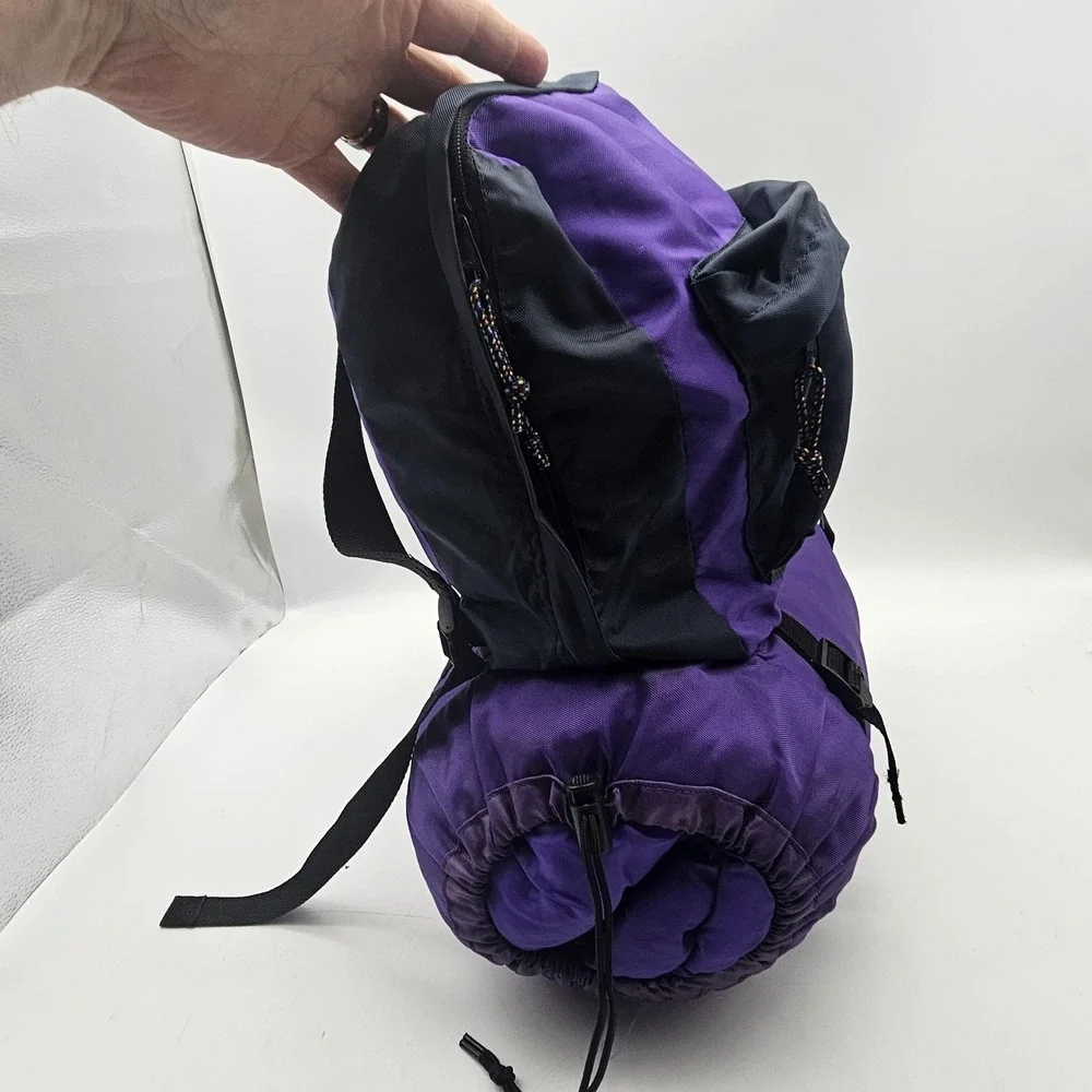 Vintage Kids Sleeping Bag‎ Small Backpack Carrier Purple Stick Figure Camping